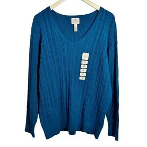 St. Johns Bay Sweater Women 2X Blue Ocean Depths Plus Size NWT Cotton Preppy Top